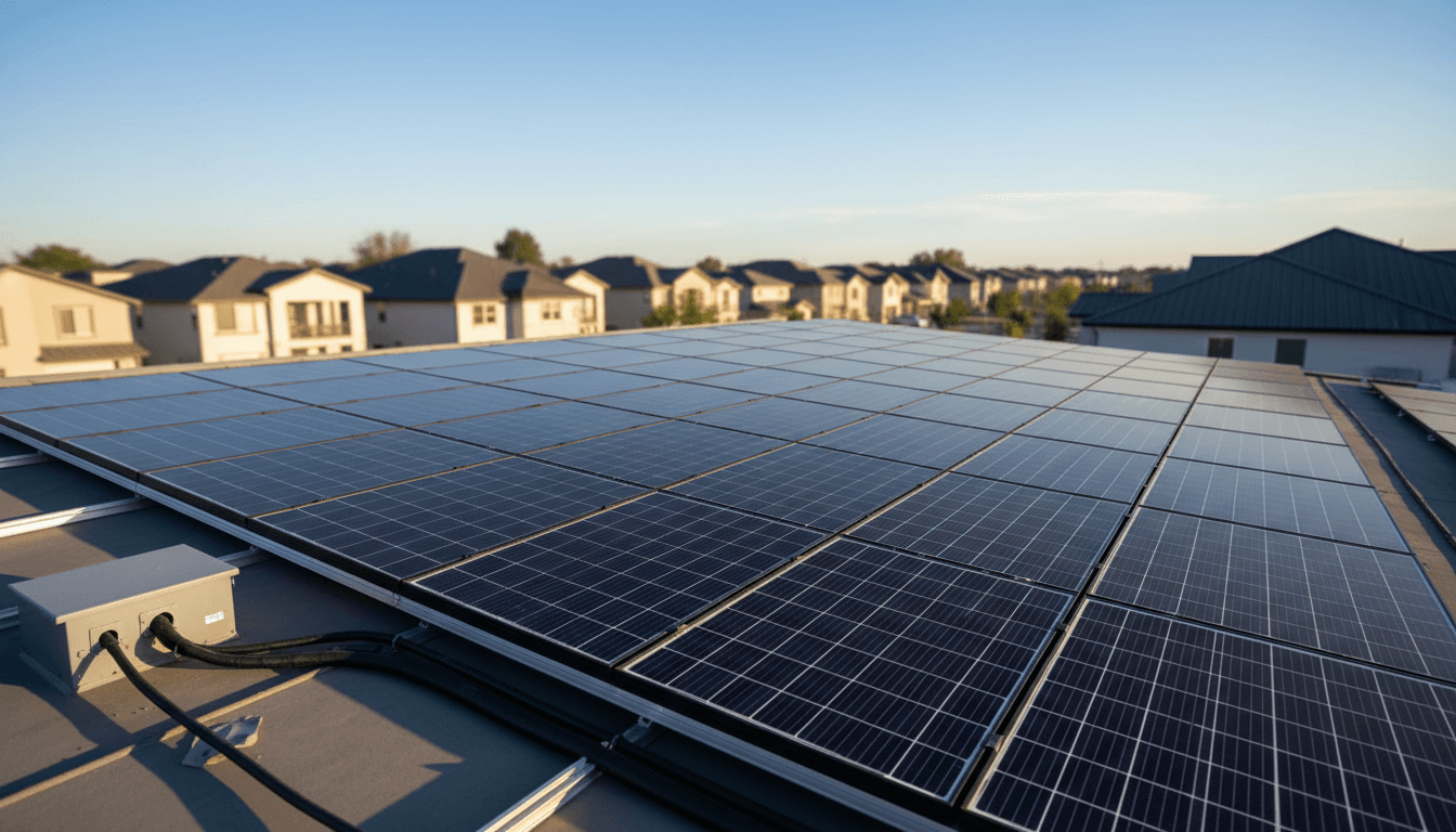 Paneles solares instalados en techo residencial con luz solar brillante