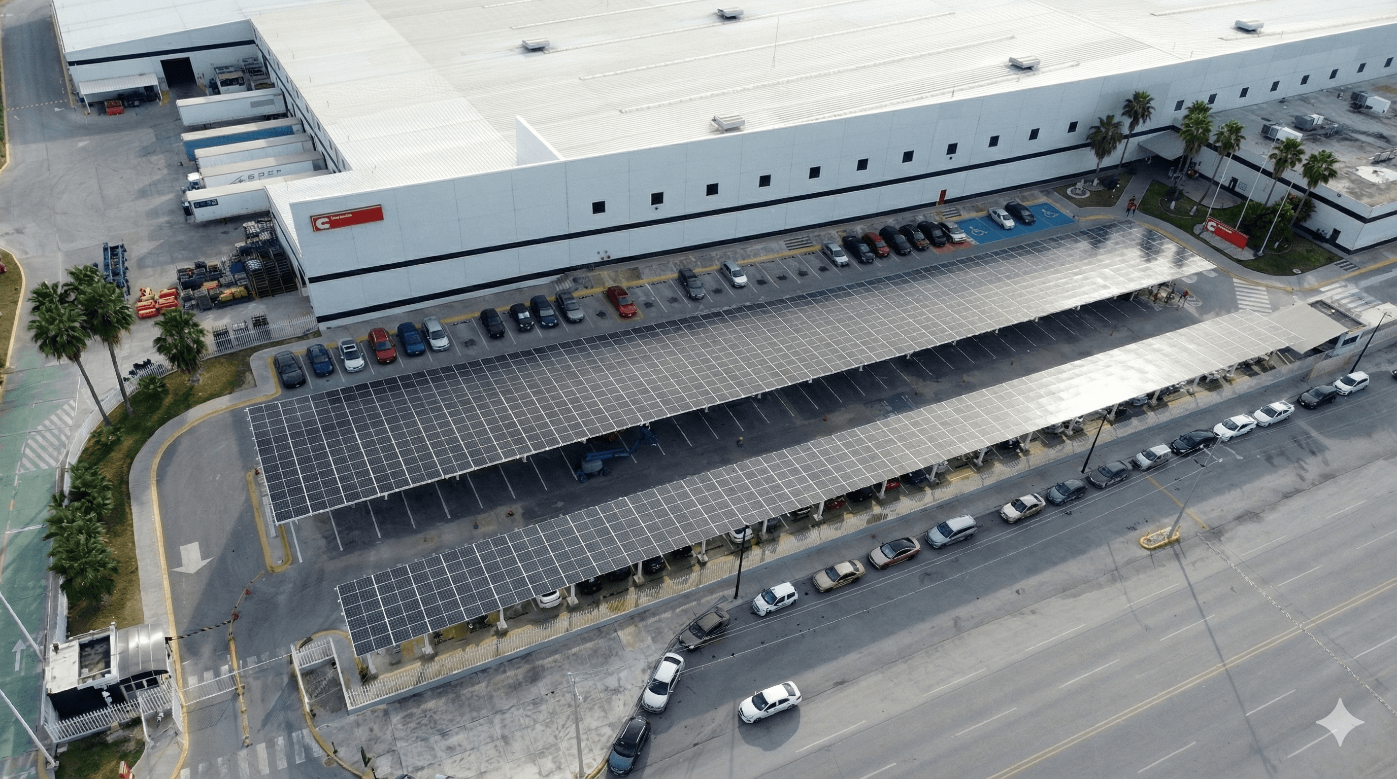 Vista aérea de un almacén industrial con marquesinas de paneles solares en el estacionamiento.