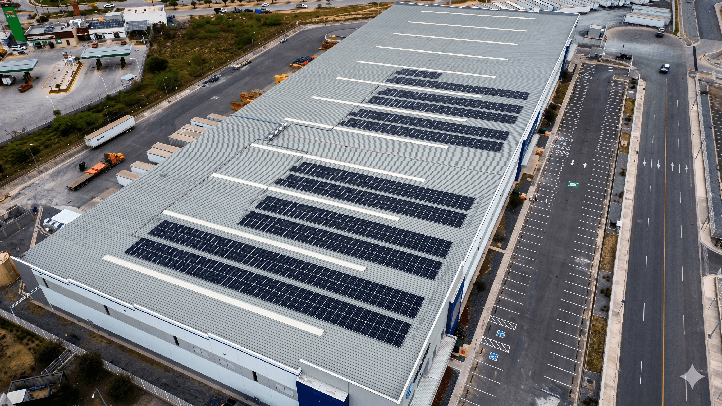 Vista aérea de un almacén industrial con paneles solares instalados en su techo metálico gris.
