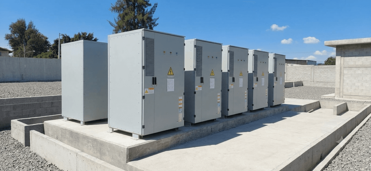 Gabinetes eléctricos grises alineados sobre una plataforma de concreto en una instalación industrial exterior.